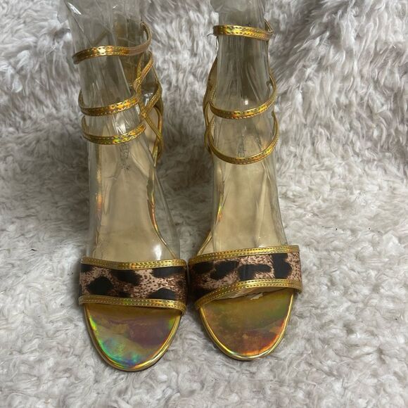 Shoe Dazzle leopard print and gold synthetic straps sandals back Zipper SZ8 - Picture 3 of 10
